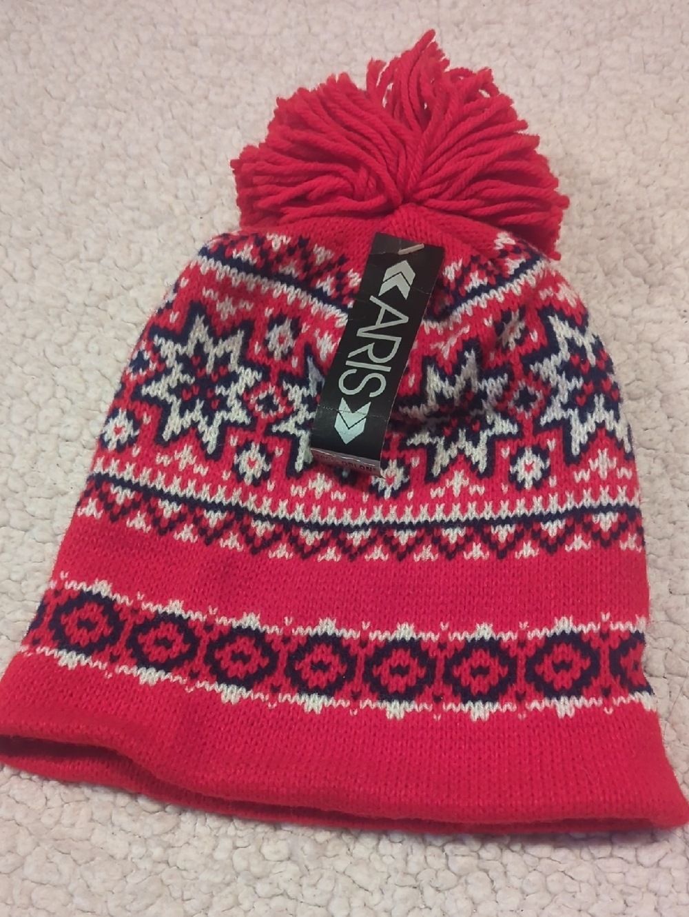 Aris Kids Red Knit Pom Beanie with Navy & White Fair Isle